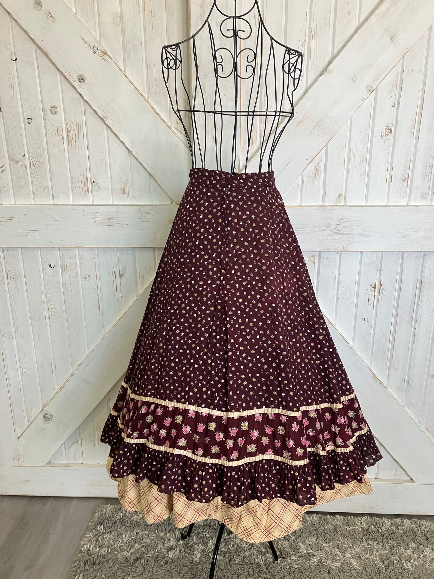 70's Vintage Gunne Sax Jessica's Gunnies Red Purple Pink Calico Roses Brown Plaid Peasant Prairie Midi Skirt 13 *FLAWS