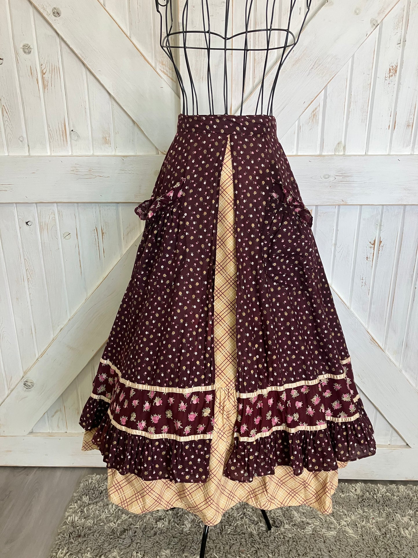 70's Vintage Gunne Sax Jessica's Gunnies Red Purple Pink Calico Roses Brown Plaid Peasant Prairie Midi Skirt 13 *FLAWS