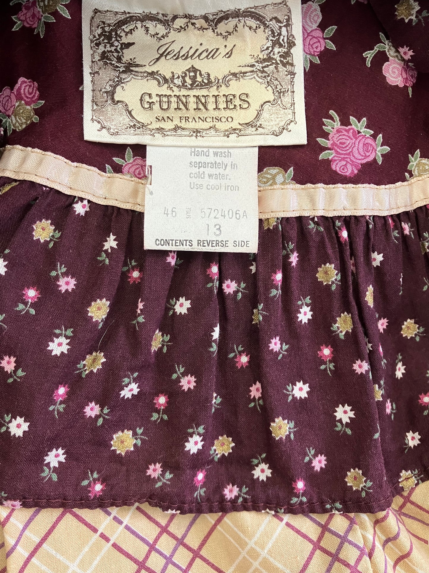 70's Vintage Gunne Sax Jessica's Gunnies Red Purple Pink Calico Roses Brown Plaid Peasant Prairie Midi Skirt 13 *FLAWS