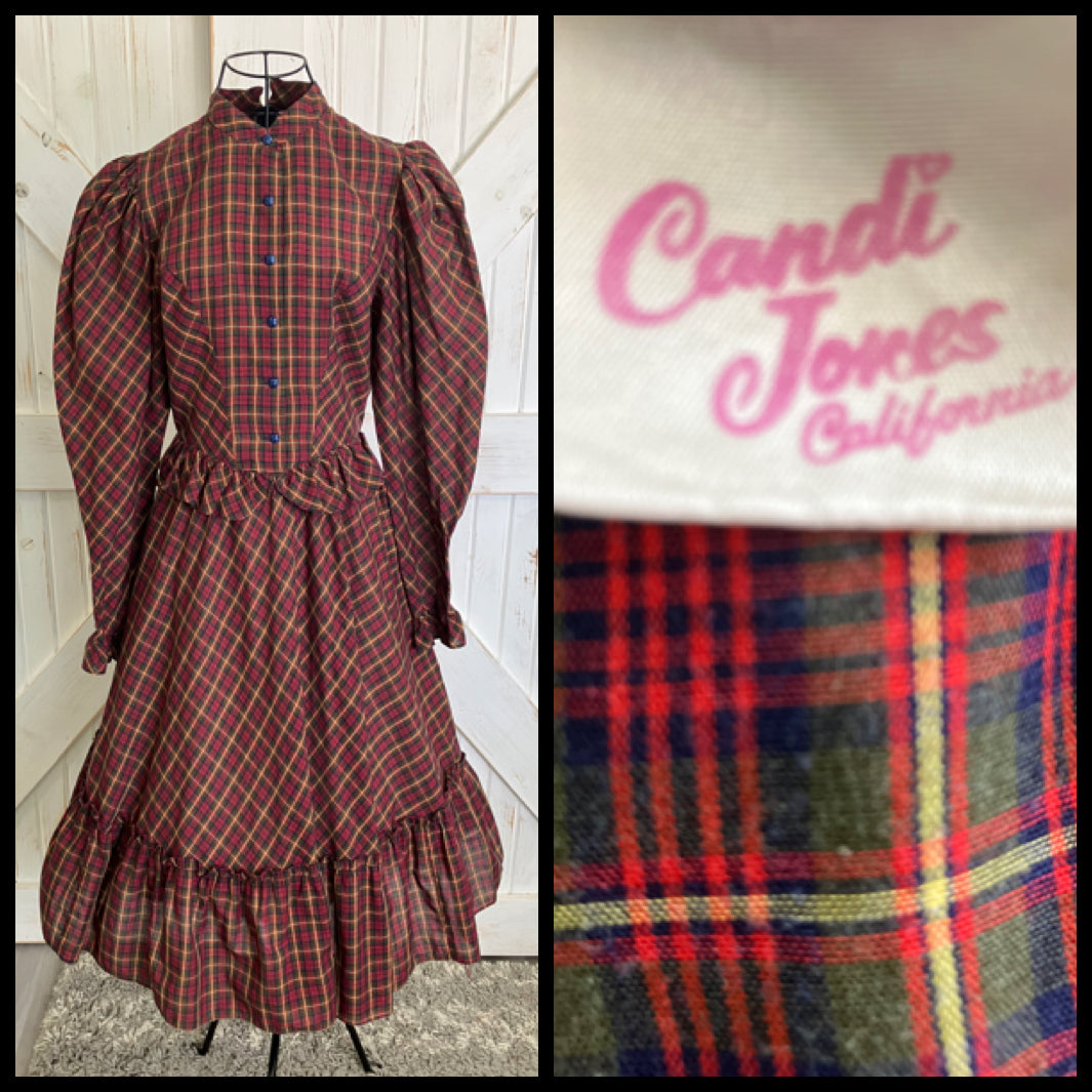 70's Vintage Candi Jones California Red Green Yellow Plaid Western Prairie Midi Dress