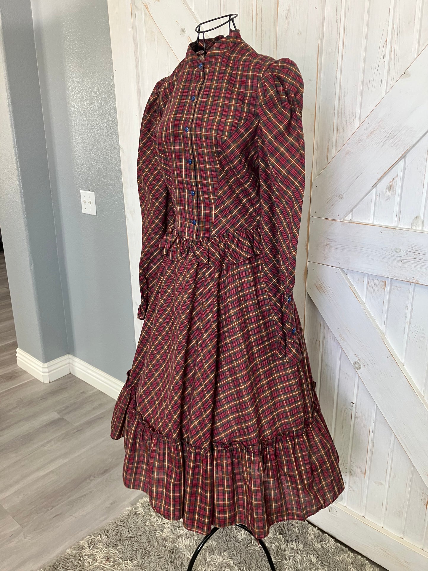 70's Vintage Candi Jones California Red Green Yellow Plaid Western Prairie Midi Dress