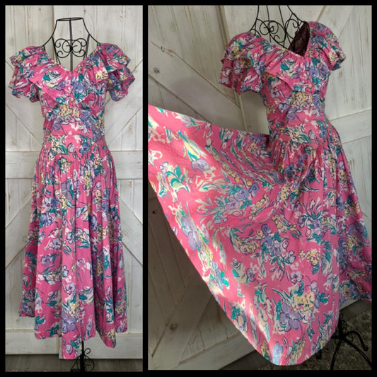 80's Vintage Laura Ashley New Wave Pink Blue Purple Floral Swing Tea Garden Midi Dress