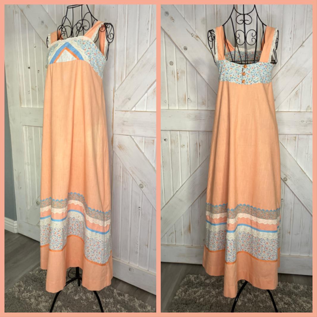 70's Vintage Handmade Peach Orange White Blue Calico Gingham Prairie Sundress Tea Midi Dress