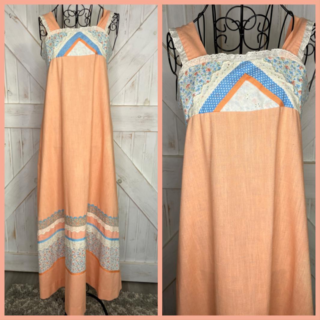 70's Vintage Handmade Peach Orange White Blue Calico Gingham Prairie Sundress Tea Midi Dress