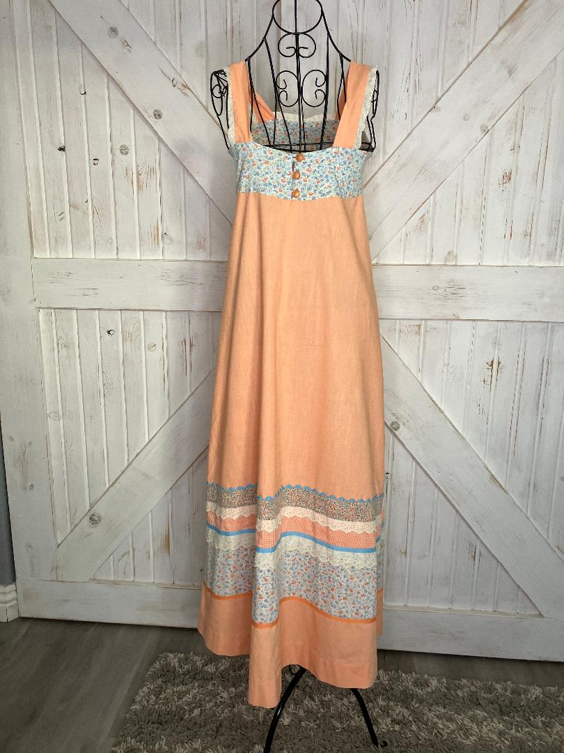 70's Vintage Handmade Peach Orange White Blue Calico Gingham Prairie Sundress Tea Midi Dress