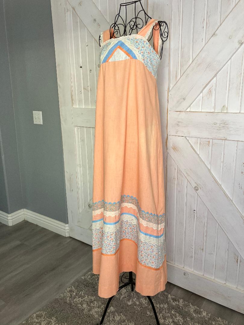 70's Vintage Handmade Peach Orange White Blue Calico Gingham Prairie Sundress Tea Midi Dress