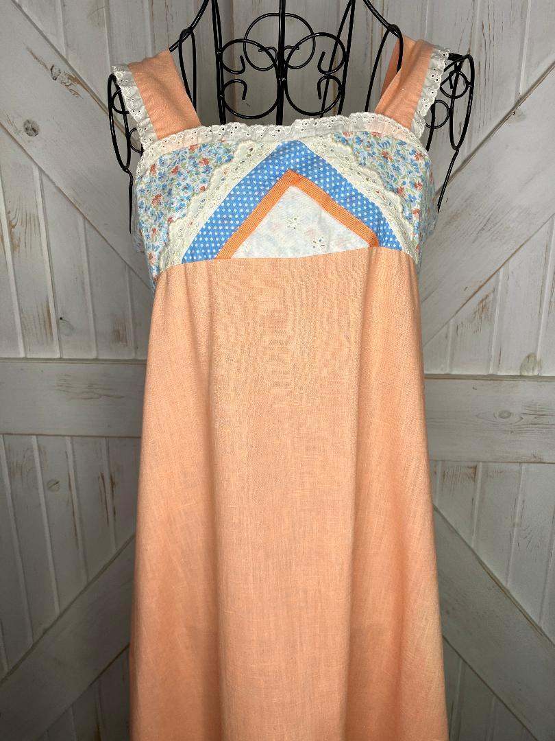 70's Vintage Handmade Peach Orange White Blue Calico Gingham Prairie Sundress Tea Midi Dress