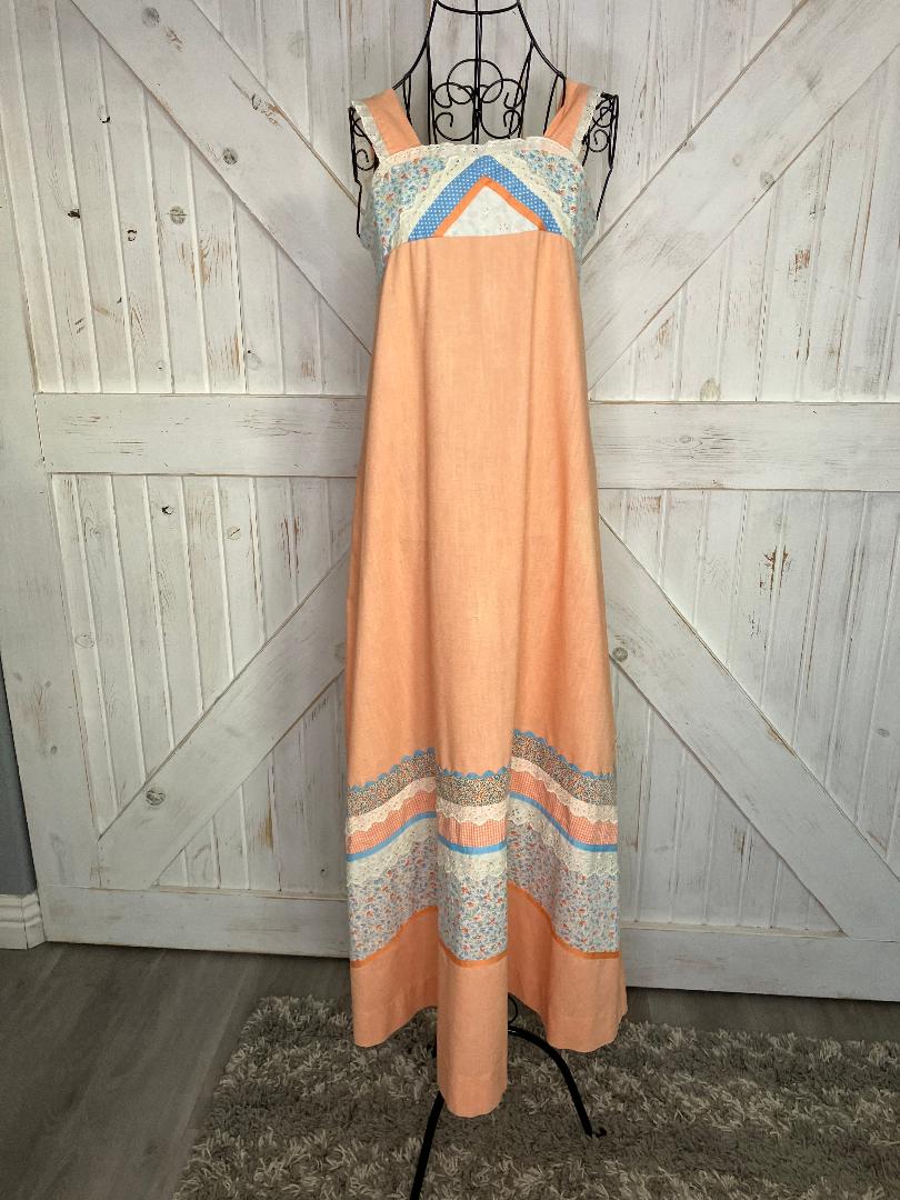 70's Vintage Handmade Peach Orange White Blue Calico Gingham Prairie Sundress Tea Midi Dress