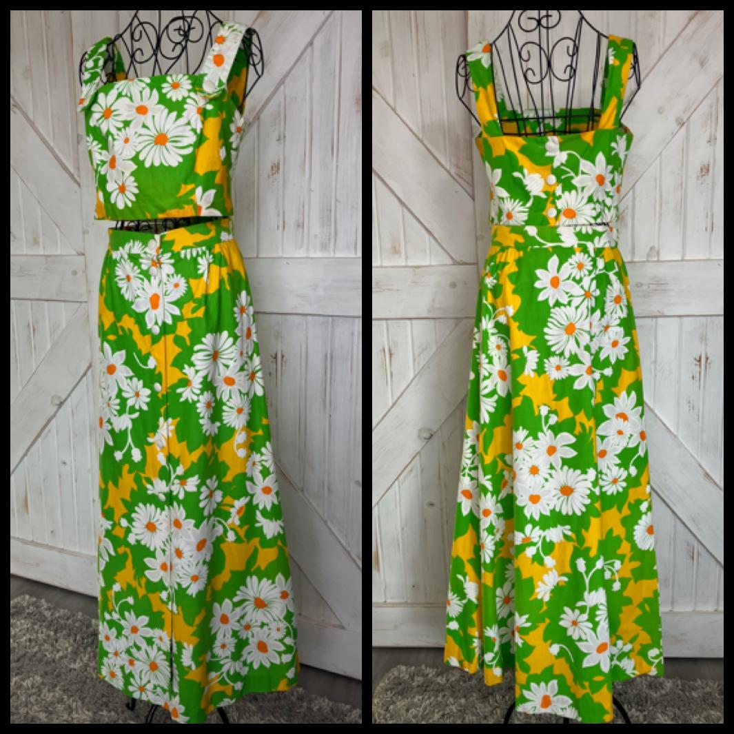 70's Vintage Malia Honolulu Green White Yellow Daisy Hawaiian Crop Top + Maxi Skirt Set