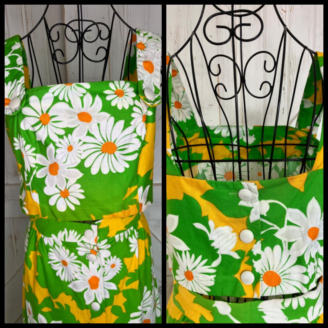 70's Vintage Malia Honolulu Green White Yellow Daisy Hawaiian Crop Top + Maxi Skirt Set