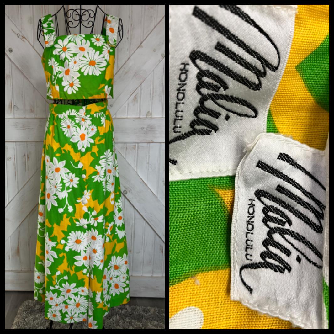 70's Vintage Malia Honolulu Green White Yellow Daisy Hawaiian Crop Top + Maxi Skirt Set