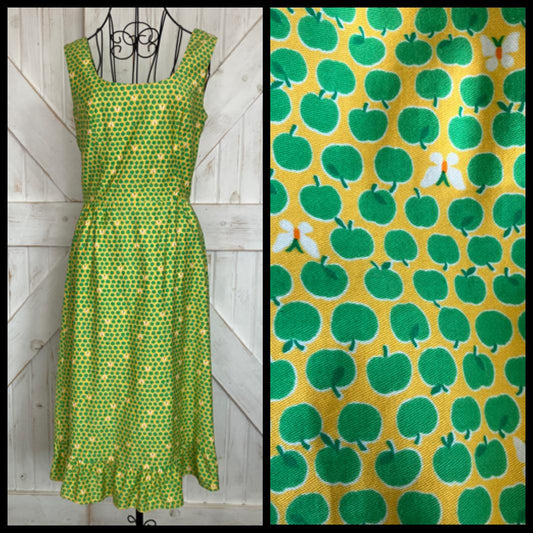 70's Vintage Malia Honolulu Yellow Green Apple Butterfly Novelty Print Hawaiian Sundress Midi Tea Dress