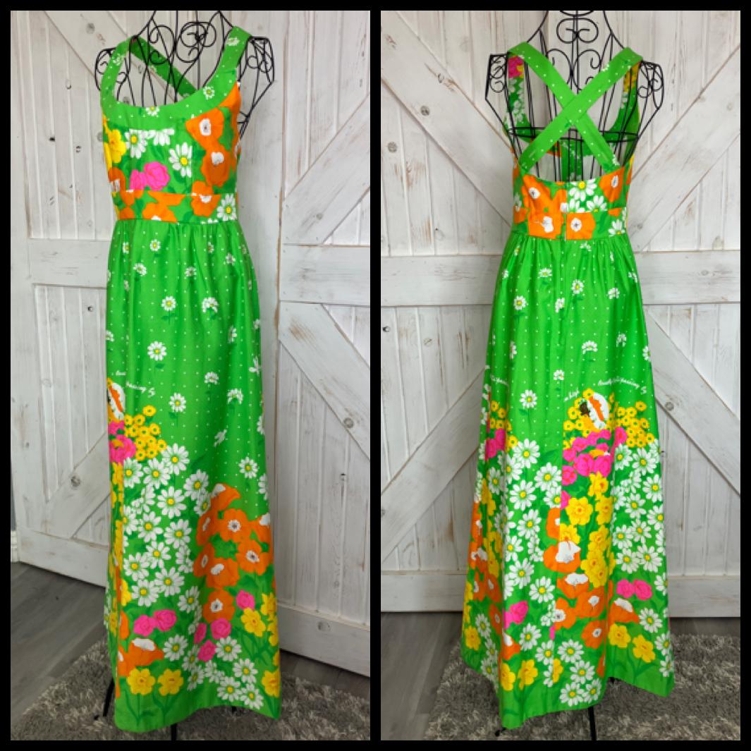 70's Vintage Malia Honolulu Green Neon Rainbow Island Girl Daisies Polka Dot Hawaiian Hostess Maxi Sundress Dress