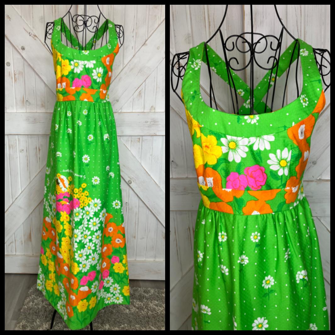 70's Vintage Malia Honolulu Green Neon Rainbow Island Girl Daisies Polka Dot Hawaiian Hostess Maxi Sundress Dress