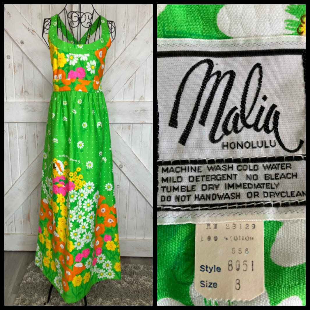 70's Vintage Malia Honolulu Green Neon Rainbow Island Girl Daisies Polka Dot Hawaiian Hostess Maxi Sundress Dress