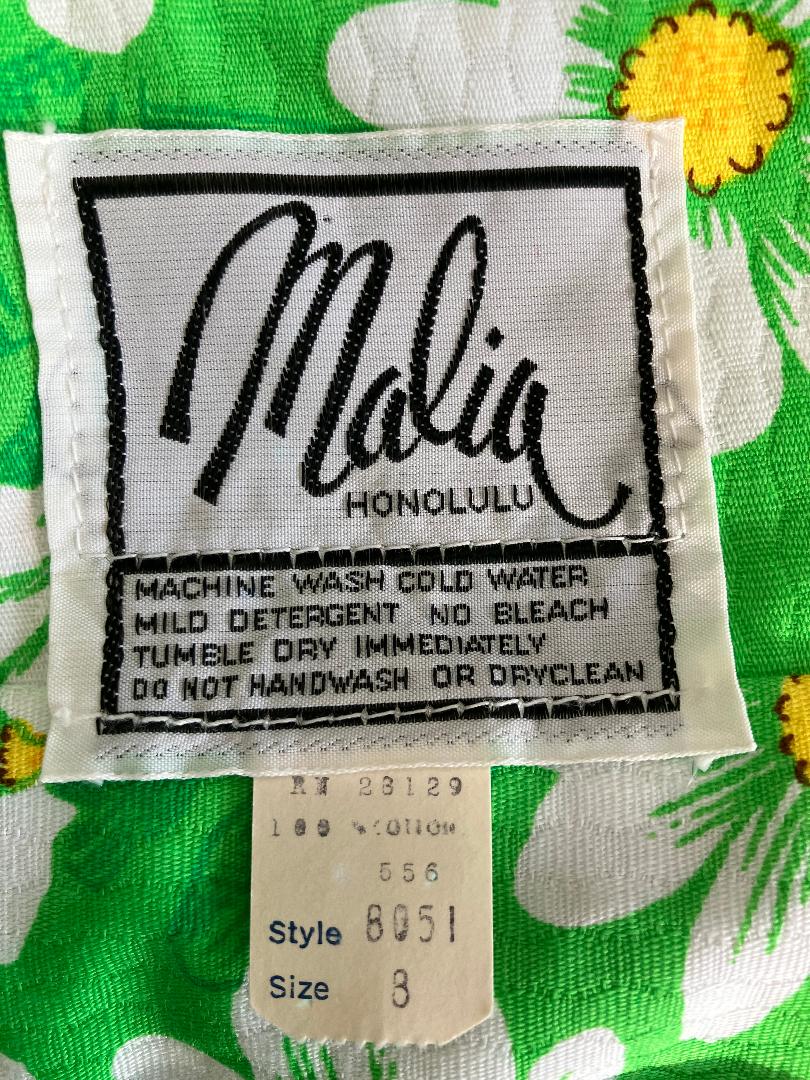 70's Vintage Malia Honolulu Green Neon Rainbow Island Girl Daisies Polka Dot Hawaiian Hostess Maxi Sundress Dress