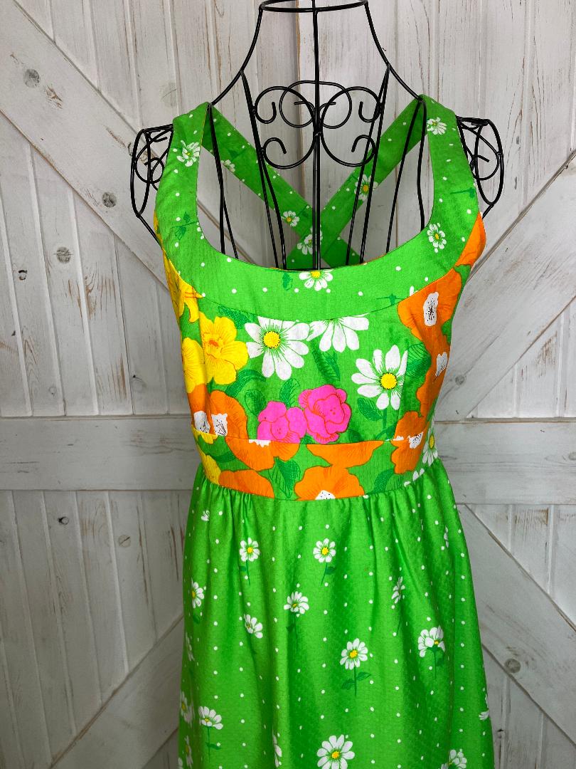 70's Vintage Malia Honolulu Green Neon Rainbow Island Girl Daisies Polka Dot Hawaiian Hostess Maxi Sundress Dress