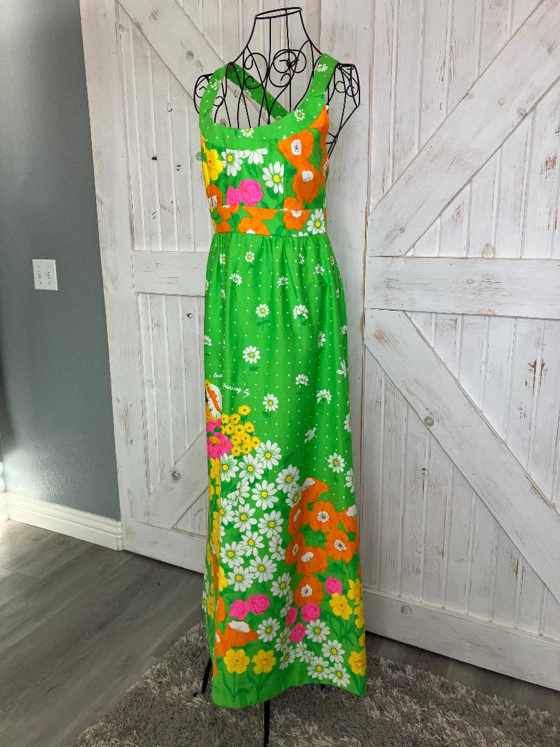 70's Vintage Malia Honolulu Green Neon Rainbow Island Girl Daisies Polka Dot Hawaiian Hostess Maxi Sundress Dress