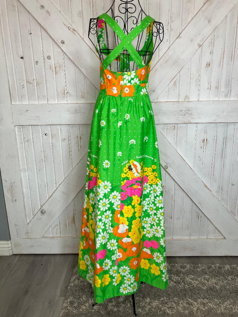 70's Vintage Malia Honolulu Green Neon Rainbow Island Girl Daisies Polka Dot Hawaiian Hostess Maxi Sundress Dress