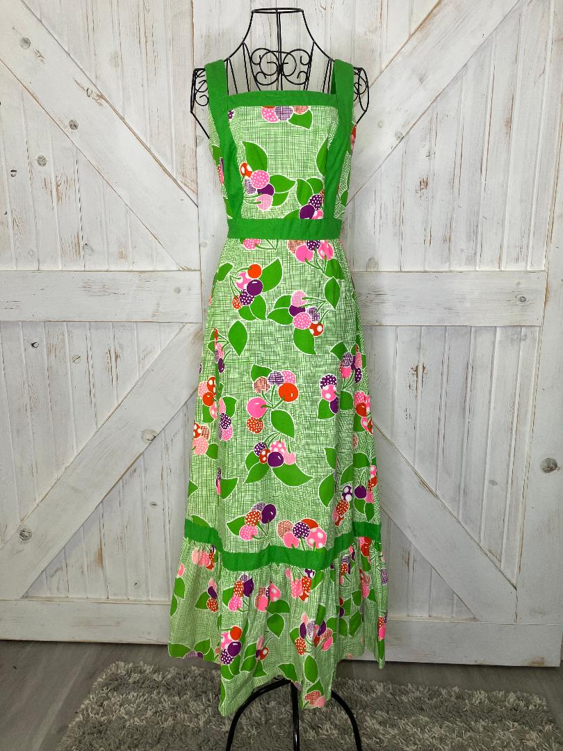 70's Vintage Malia Honolulu Green White Pink Red Purple Cherries Novelty Print Hawaiian Maxi Sundress Dress