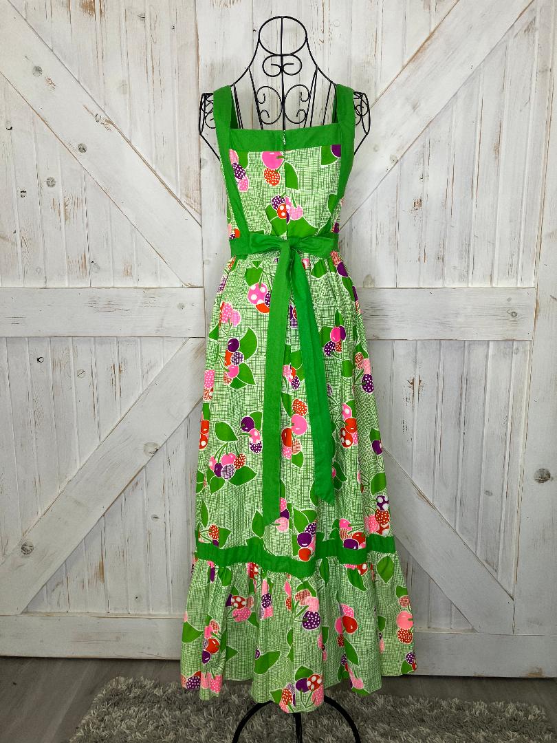 70's Vintage Malia Honolulu Green White Pink Red Purple Cherries Novelty Print Hawaiian Maxi Sundress Dress