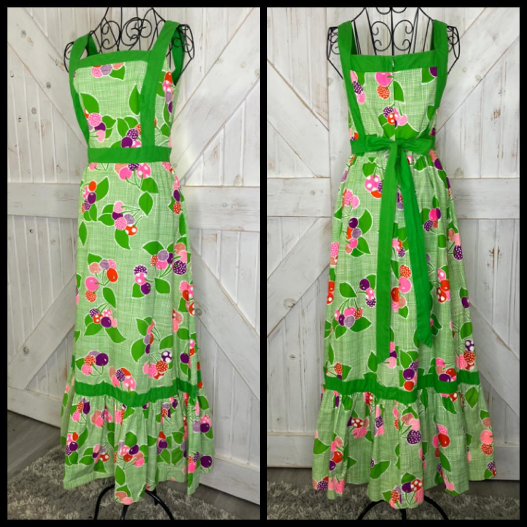 70's Vintage Malia Honolulu Green White Pink Red Purple Cherries Novelty Print Hawaiian Maxi Sundress Dress