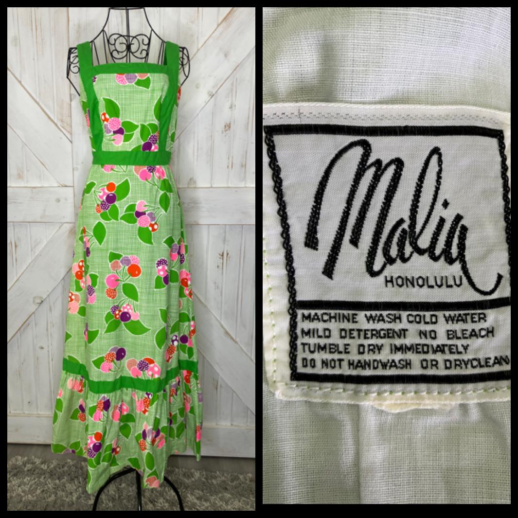 70's Vintage Malia Honolulu Green White Pink Red Purple Cherries Novelty Print Hawaiian Maxi Sundress Dress