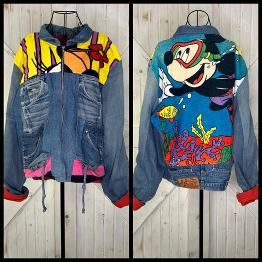 90's Vintage Too Cute Guetta Brothers x Disney Mickey & Co Snorkeling Mouse Under the Sea Rainbow Terry Denim Jean Bomber Jacket