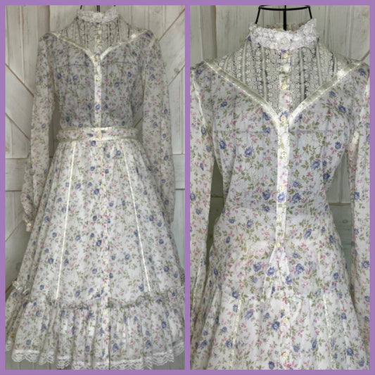 70's Vintage Gunne Sax Jessica's Gunnies White Pink Purple Green Calico Gunnies Blouse Top Prairie Midi Skirt Set  9