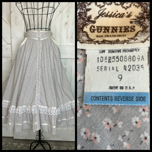 70's Vintage Gunne Sax Jessica's Gunnies Gray White Pink Poppy Calico Prairie Midi Skirt 9
