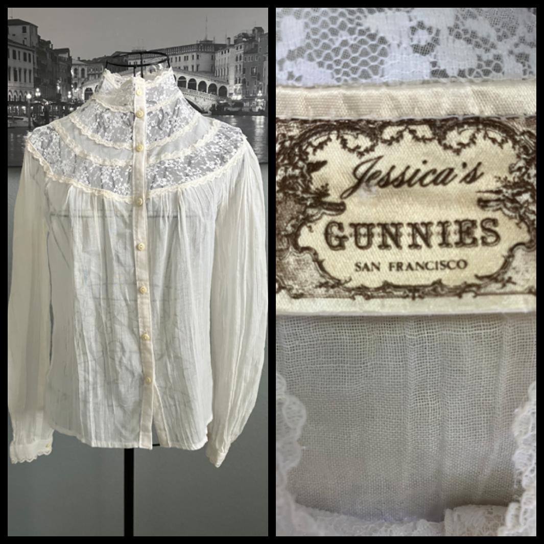 70's Vintage Gunne Sax Jessica's Gunnies Ivory Lace Crinkle Cotton Victorian Top Blouse
