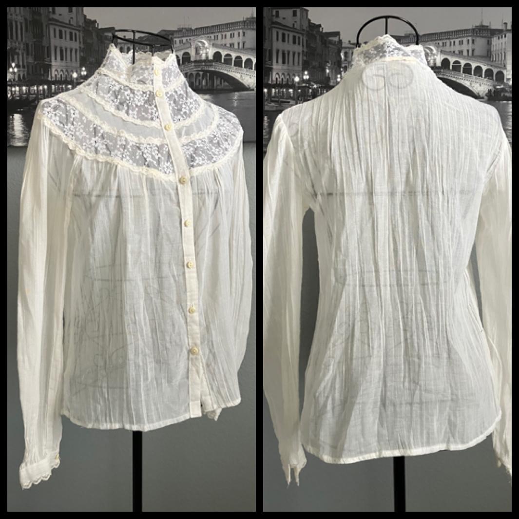 70's Vintage Gunne Sax Jessica's Gunnies Ivory Lace Crinkle Cotton Victorian Top Blouse