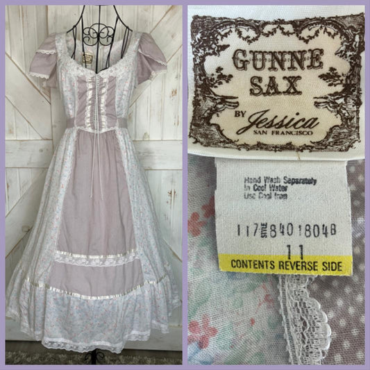 70's Vintage Gunne Sax Purple Pink Blue White Calico Polka Dot Prairie Corset Midi Dress 11