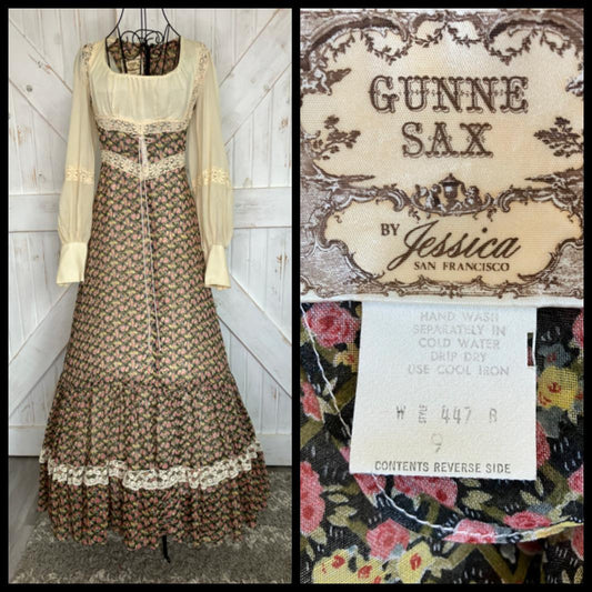 70's Vintage Gunne Sax Green Red Yellow Ivory Roses Calico Milk Maid Prairie Underbust Corset Maxi Dress 9