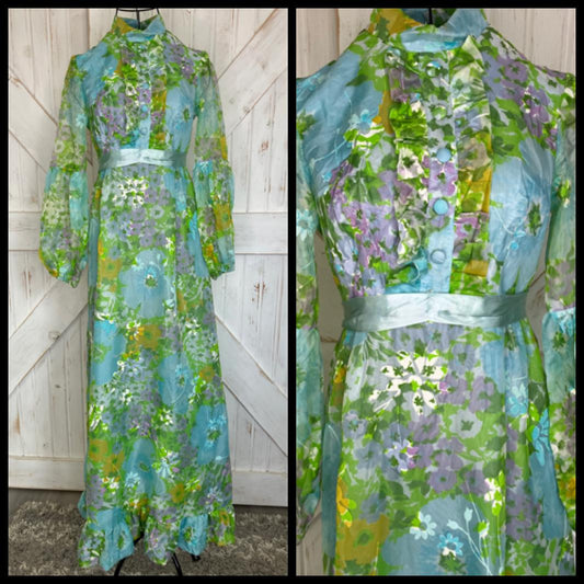 60's Vintage Mod Blue Green Yellow Purple Floral Hostess Maxi Dress