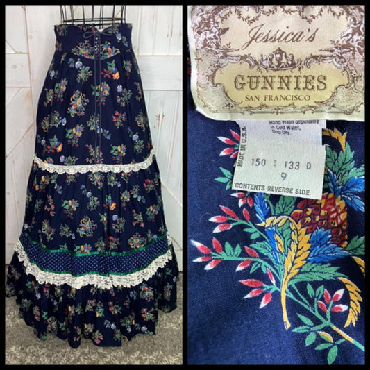 70's Vintage Gunne Sax Jessica's Gunnies Blue Rainbow Acorn Calico Corset Prairie Maxi Skirt 9