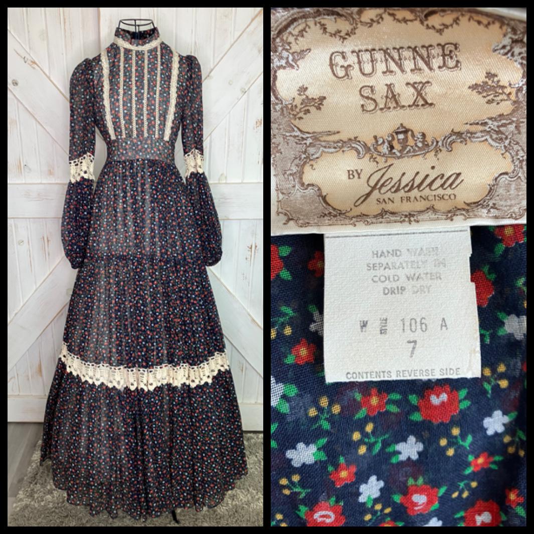 70's Vintage Gunne Sax Blue Red White Green Calico Pioneer Woman Prairie Western Maxi Dress 7