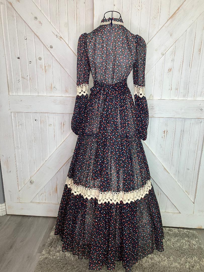 70's Vintage Gunne Sax Blue Red White Green Calico Pioneer Woman Prairie Western Maxi Dress 7