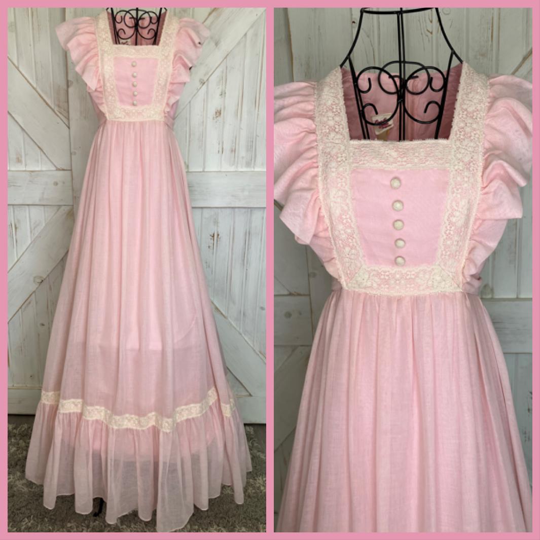 70's Vintage Candi Jones California Pink Princess Ivory Lace Prairie Maxi Dress