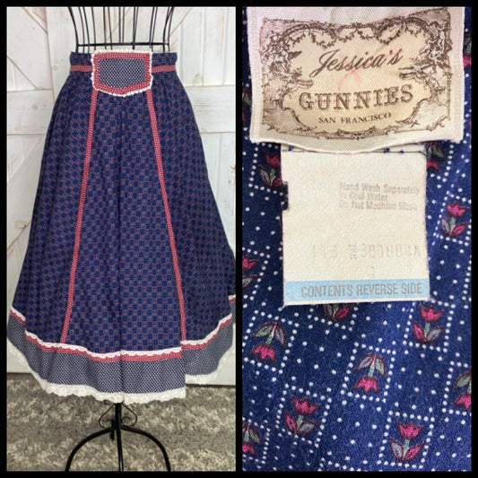 70's Vintage Gunne Sax Jessica's Gunnies Blue Red White Tulip Calico Polka Dot Prairie Midi Skirt