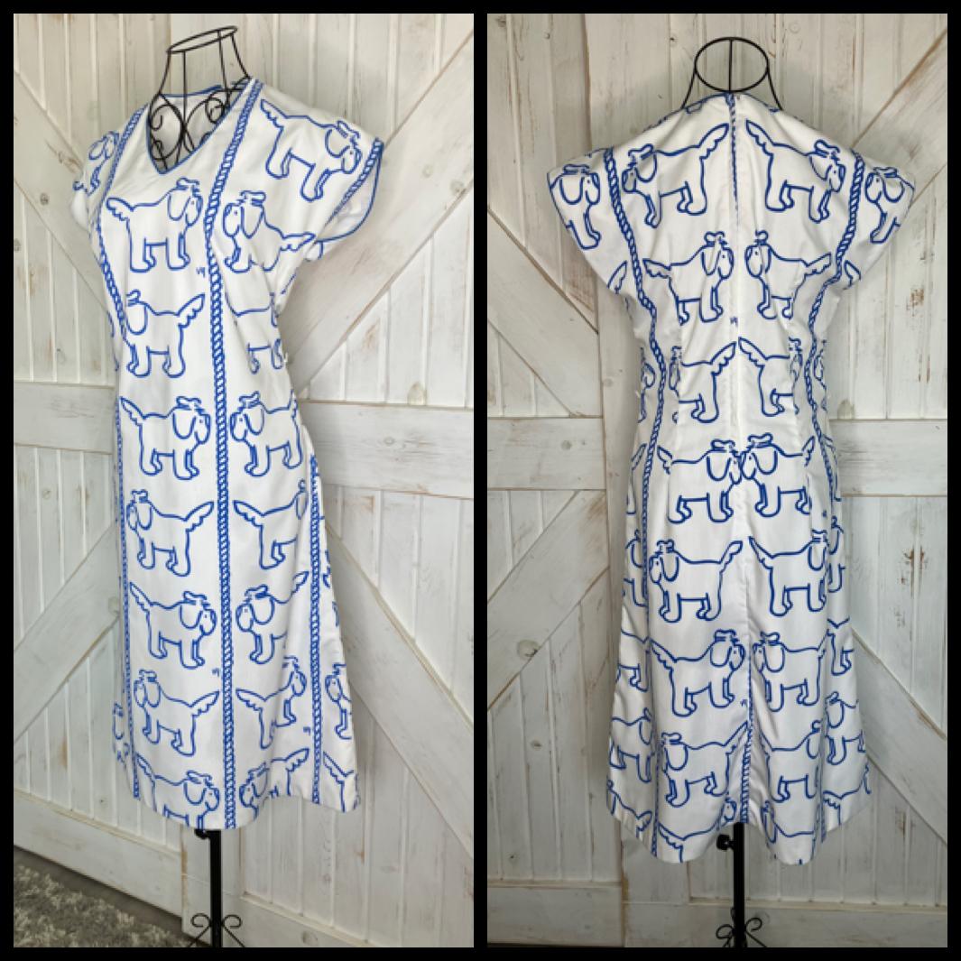 70's Vintage The Vested Gentress White Blue Briney Nautical Captain Dog Newfoundland Midi Dress