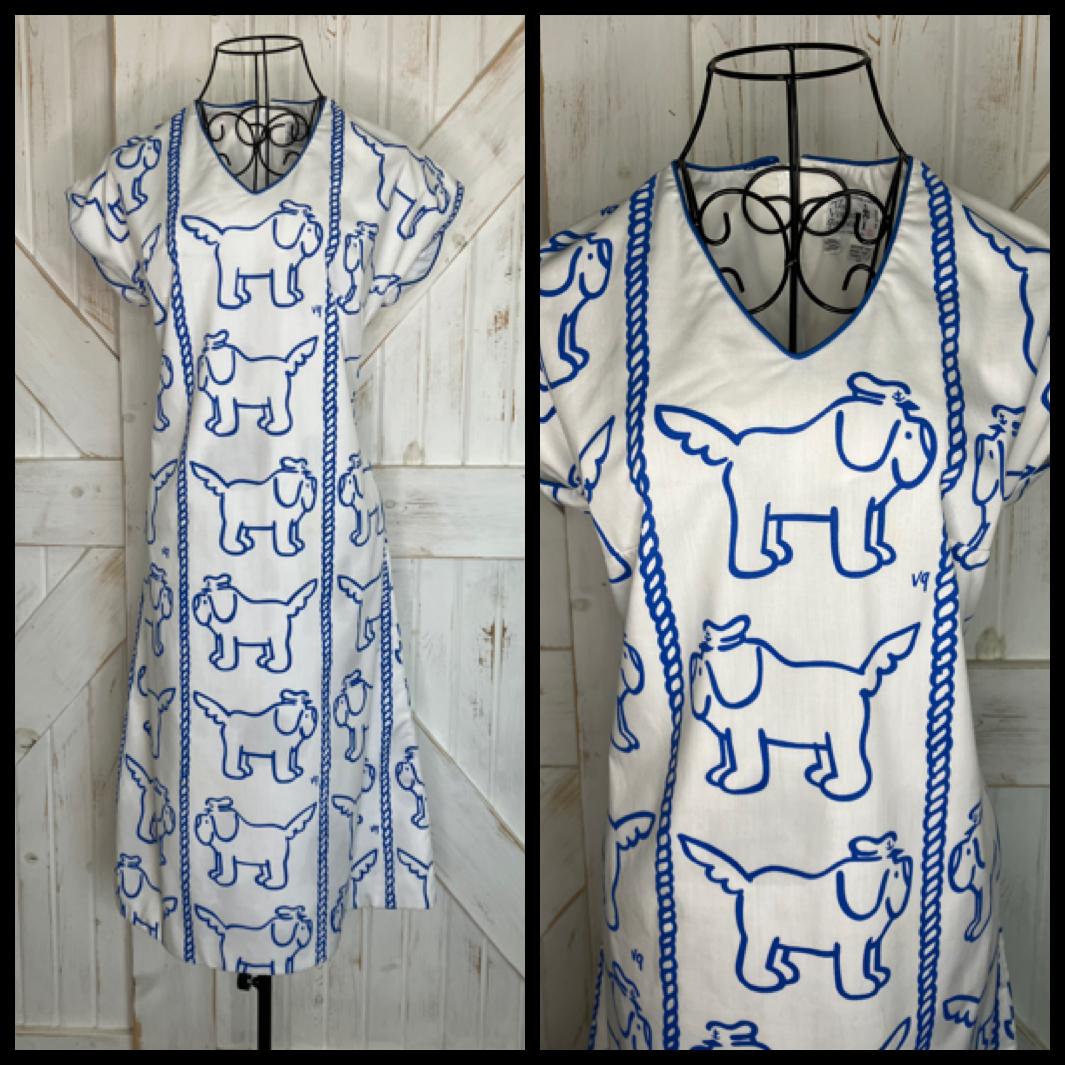 70's Vintage The Vested Gentress White Blue Briney Nautical Captain Dog Newfoundland Midi Dress