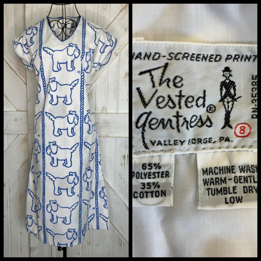70's Vintage The Vested Gentress White Blue Briney Nautical Captain Dog Newfoundland Midi Dress