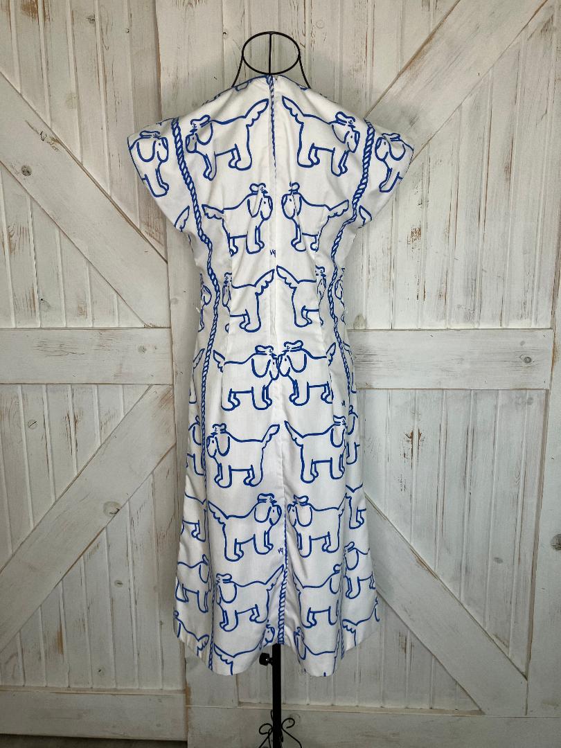 70's Vintage The Vested Gentress White Blue Briney Nautical Captain Dog Newfoundland Midi Dress