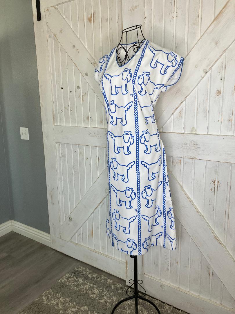 70's Vintage The Vested Gentress White Blue Briney Nautical Captain Dog Newfoundland Midi Dress