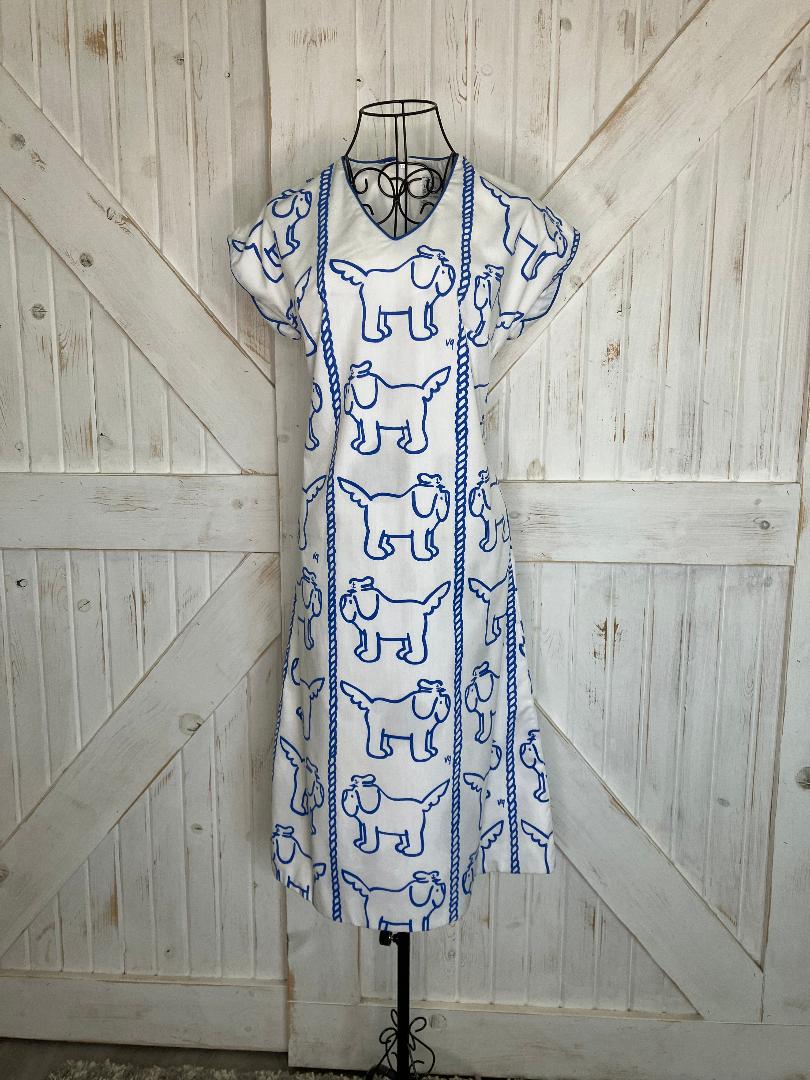 70's Vintage The Vested Gentress White Blue Briney Nautical Captain Dog Newfoundland Midi Dress