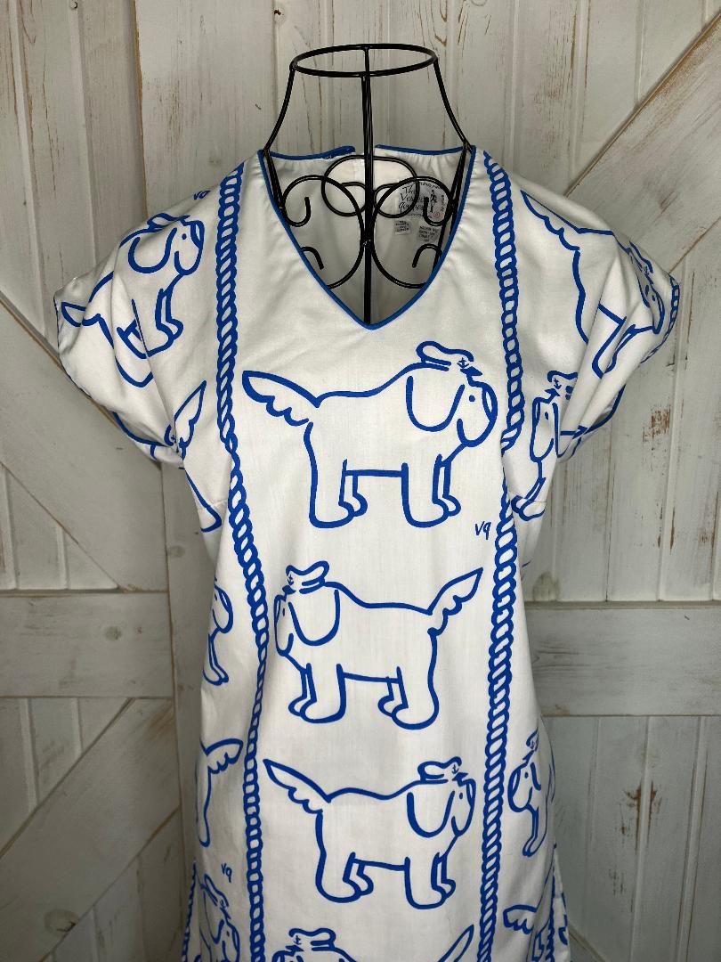 70's Vintage The Vested Gentress White Blue Briney Nautical Captain Dog Newfoundland Midi Dress