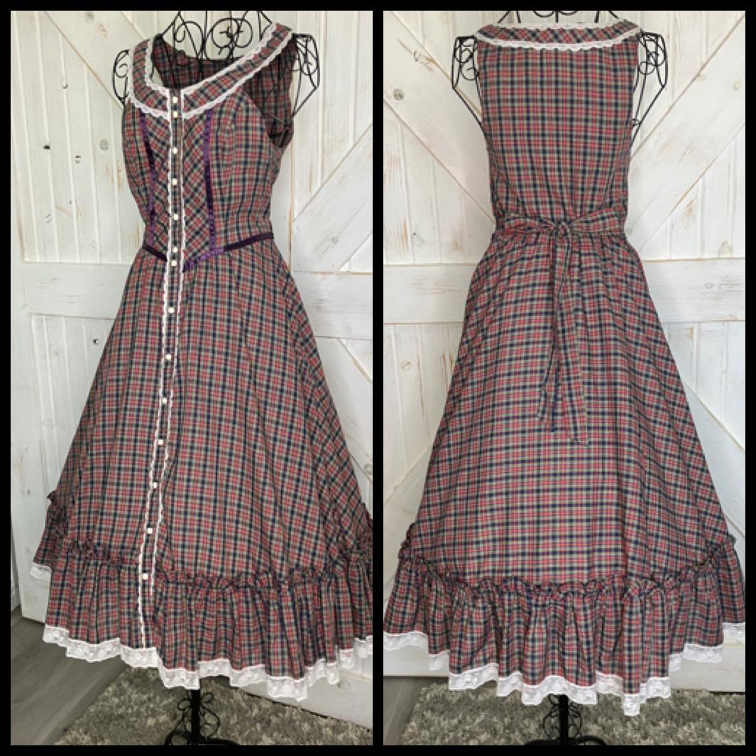70's Vintage Gunne Sax Red Blue Green Yellow White Purple Tartan Plaid Prairie Midi Sundress Dress 9