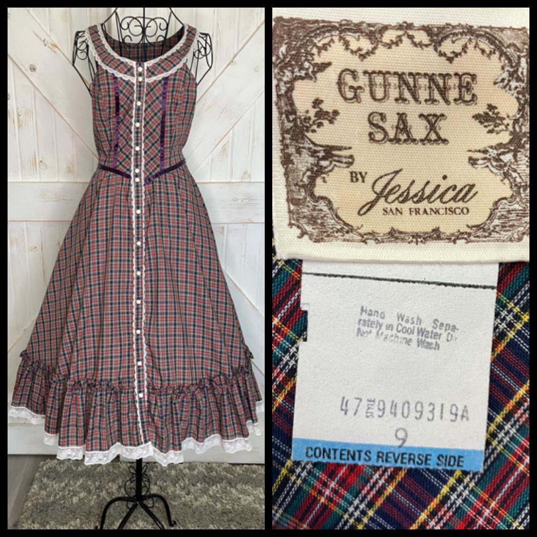 70's Vintage Gunne Sax Red Blue Green Yellow White Purple Tartan Plaid Prairie Midi Sundress Dress 9