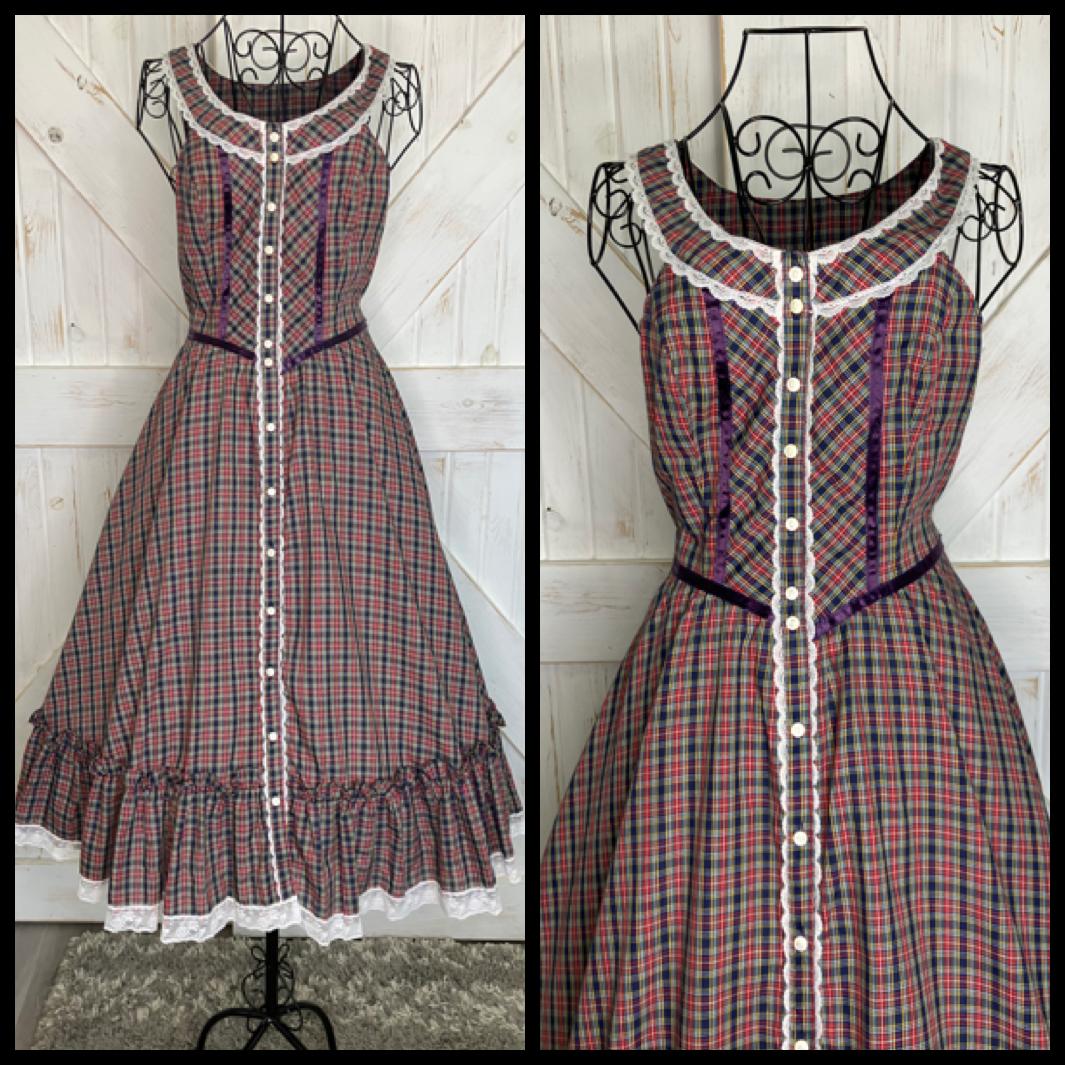 70's Vintage Gunne Sax Red Blue Green Yellow White Purple Tartan Plaid Prairie Midi Sundress Dress 9